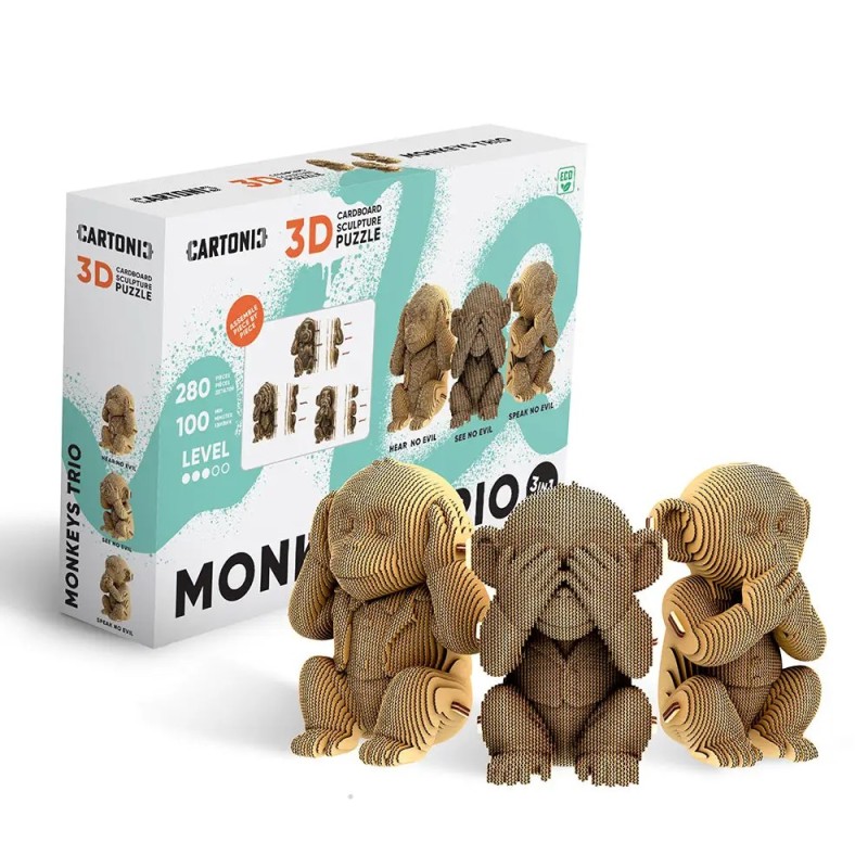 Puzzle sculpture 3d carton - cartonic - trio monkeys